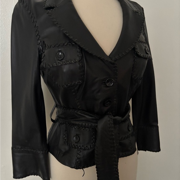 RARE Bebe Women's Genuine Leather Jacket Blazer Button Front Jacket with belt - Picture 4 of 17
